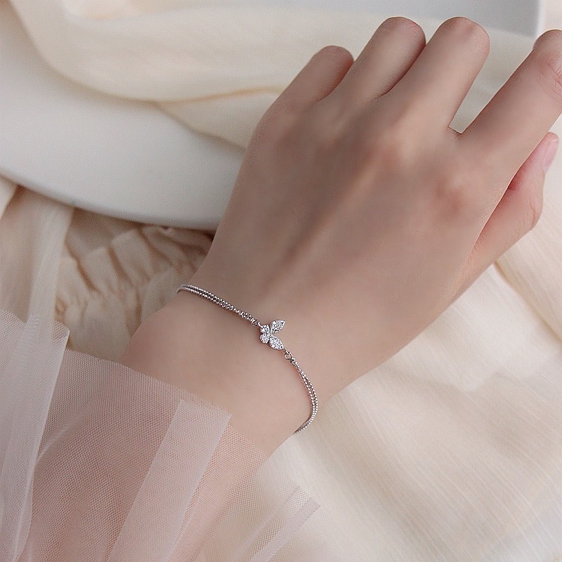 We Flower Korean Crystal Butterfly Bracelet for Women Girls Double Silver Beaded Wrist Chain Jewelry