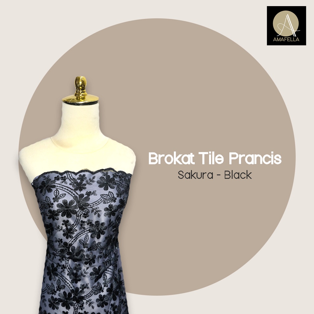 1/2 meter Kain Brokat Tile Prancis Bahan Kebaya Motif Sakura Black