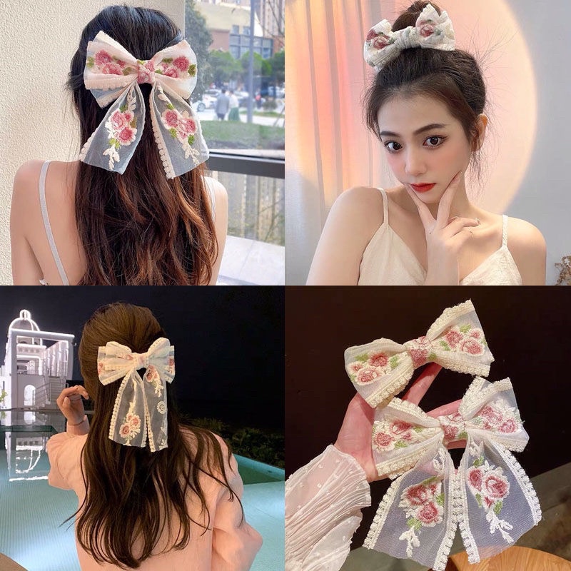 Delunashop Jepit Rambut Pita Besar Putih Lace dengan Renda Bordir Bunga bando Bunga