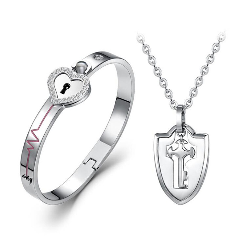 SIY  Couple Lovers Puzzle Jewelry Gift Titanium Steel Love Heart Lock Bangle + Key Pendant Necklace Set