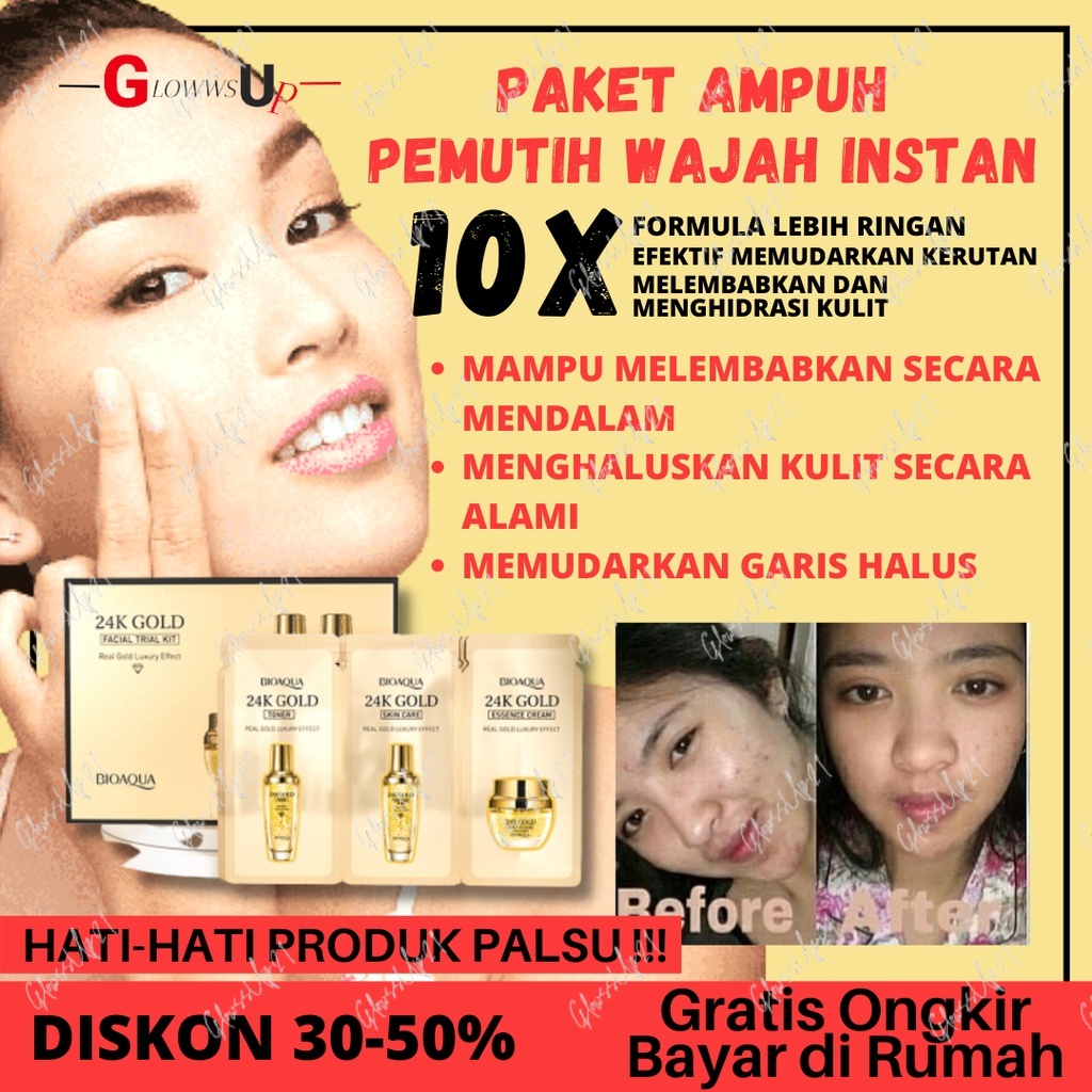 Paket Skincare Pelembab Wajah BIOAQUA 24K Gold Facial Trial Kit (3g+3g+3g) ×10pcs