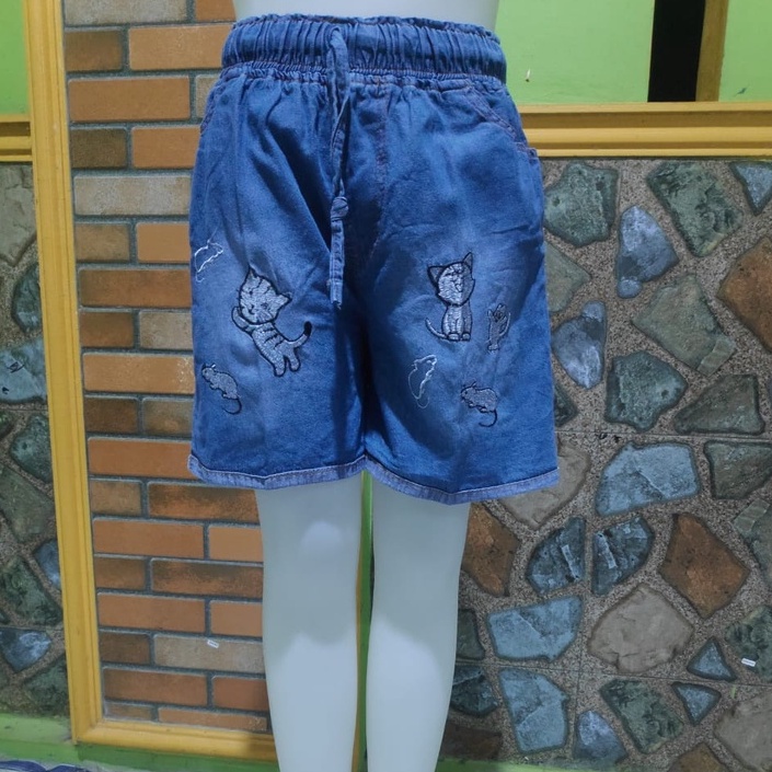 CELANA PENDEK HOTPANTS JINS BORDIR KUCING IMUT LUCU