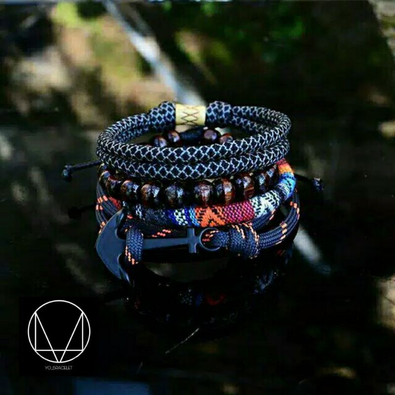 Gelang Pria 1 Set Kombinasi Etnik Lombok Kaokah Jangkar/Gelang Tali/Gelang Tangan