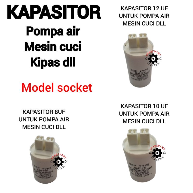 KAPASITOR 8 10 12 UF MODEL SOCKET / KAPASITOR POMPA AIR &amp; MESIN CUCI DLL