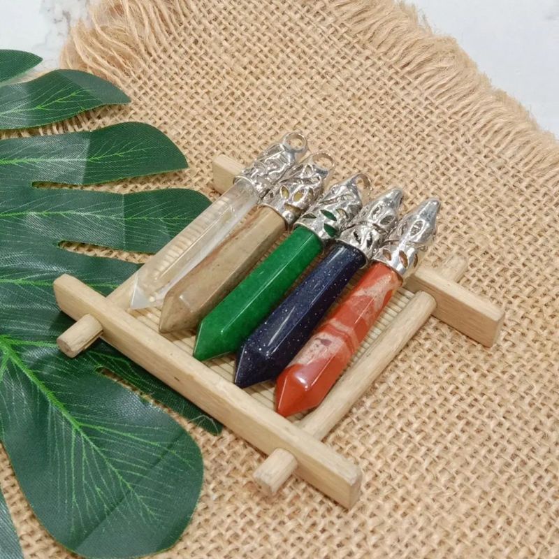 Liontin Batu Alam Pendulum Clear Quartz Red Jasper Giok Pasir Mas Biru Wood Jasper