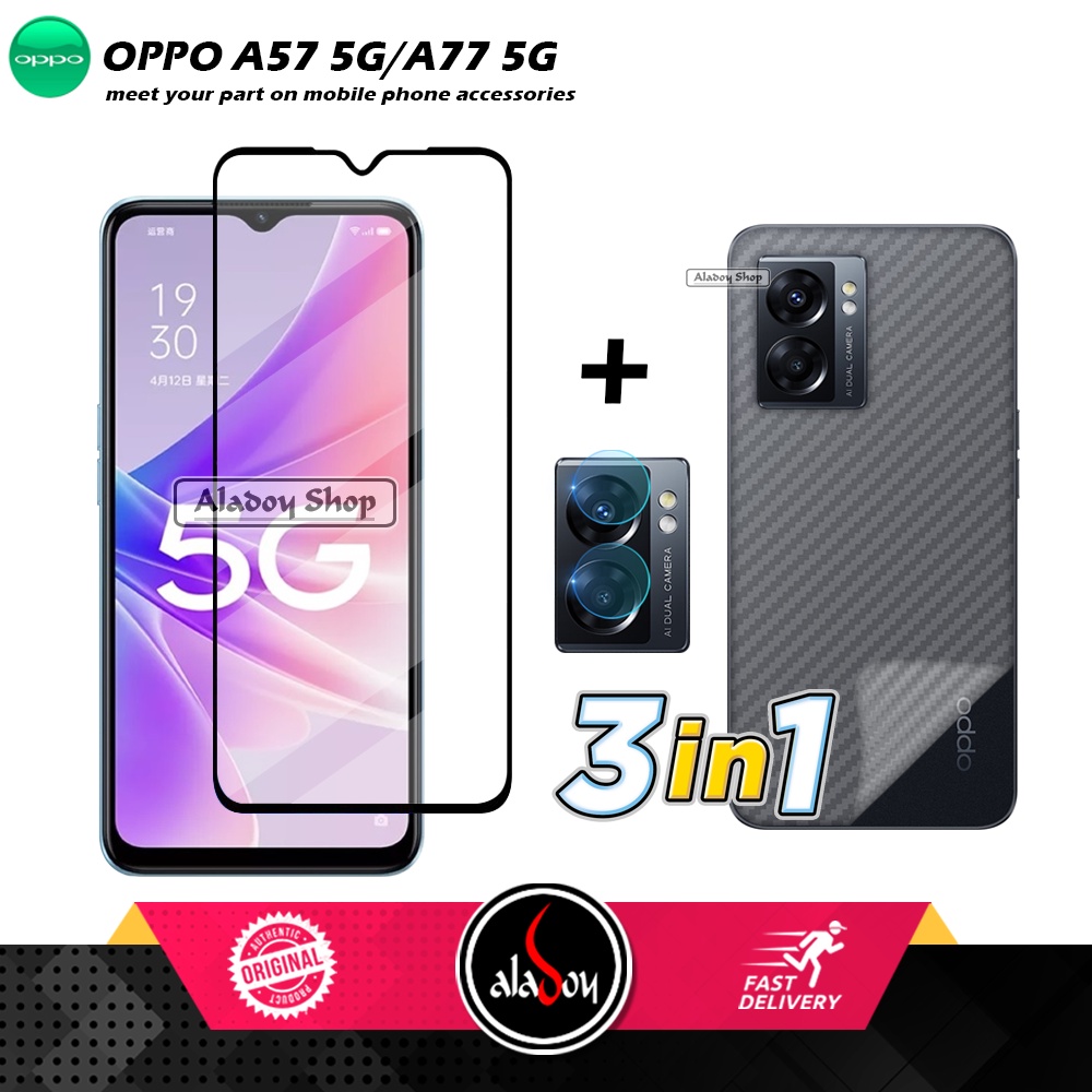 PROMO 3 IN 1 PAKET Tempered Glass Oppo A57 5G / Oppo A77 5G 2022 Free Tempered Glass Camera dan Skin Carbon