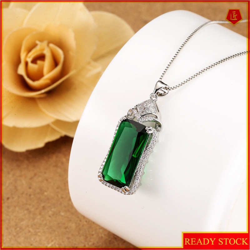 [Ready Stock]Fashion Plated 925 Silver Inlaid Green Gem Diamond Pendant Necklace