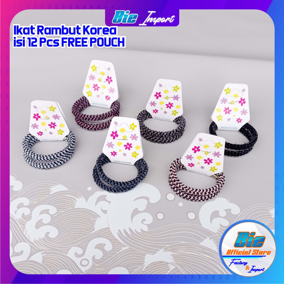 Ikat Rambut Korea Motif isi 12 Pcs Free Pouch