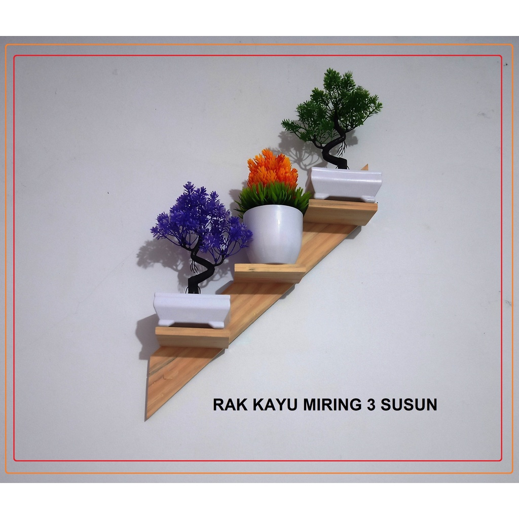 Rak kayu 3 susun model miring tempel ke dinding serbaguna