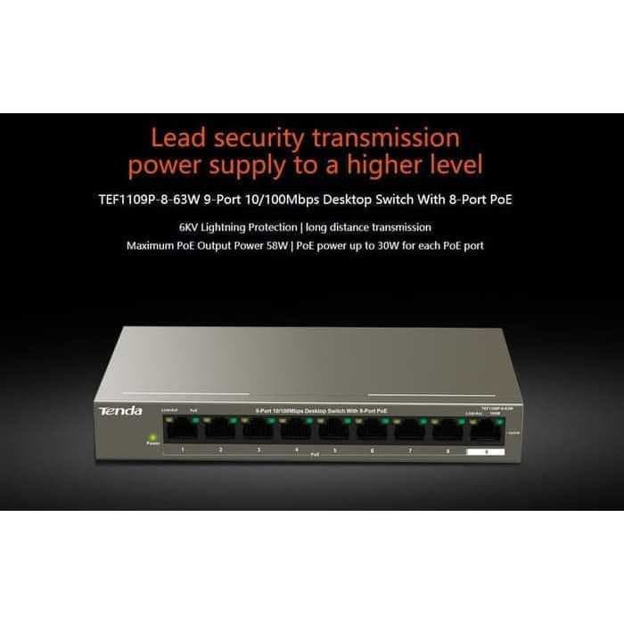 Tenda TEF1109P-8-63W 9-Port 10-100 Mbps Desktop Switch With 8-Port PoE