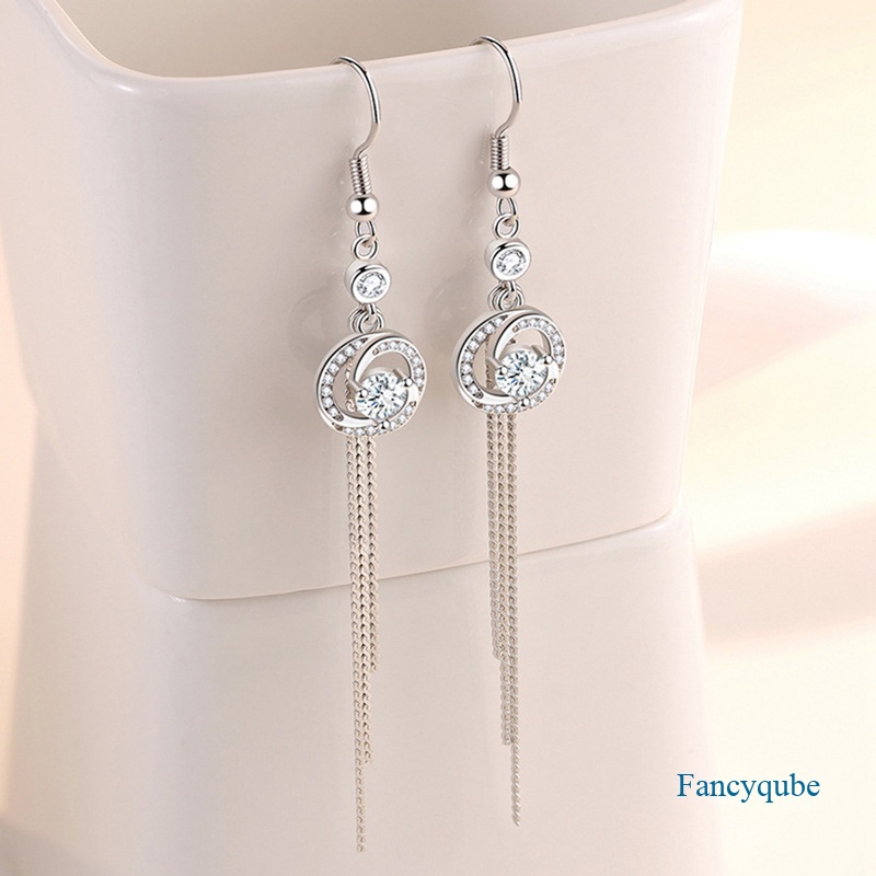 Anting Gantung Sterling Silver 925 Model Rumbai Panjang Dengan Zircon Bulat Untuk Wanita