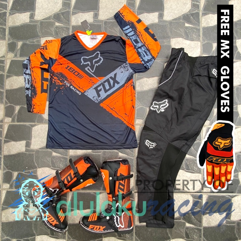 Jersey, Celana, Sarung Tangan &amp; Sepatu Fullprint with Protectors Fullset MX Trail Motocross - Paket Bundling FOCTFG170105-F45