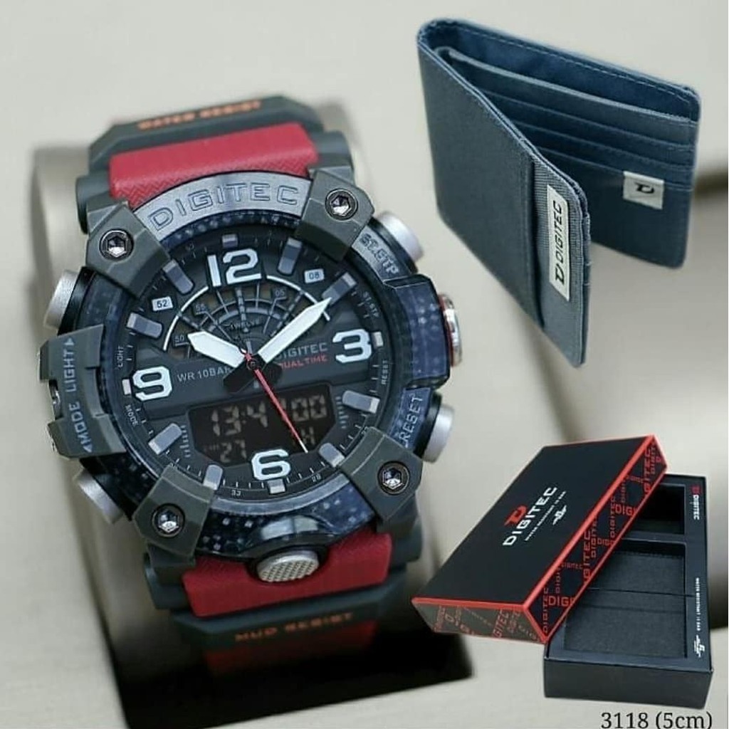 Jam Tangan Pria Digitec Original DG3118M Tali Karet Merah Hitam + Dompet