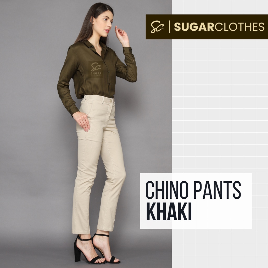 Celana Panjang Chino Wanita Warna Khaki Cream
