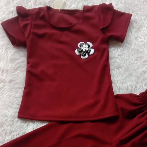 Setelan Anak Perempuan Knit Mango Waffle Ruffle Lengan pendek Setelan Kulot anak cewek knit 1-5 th babyrib-6