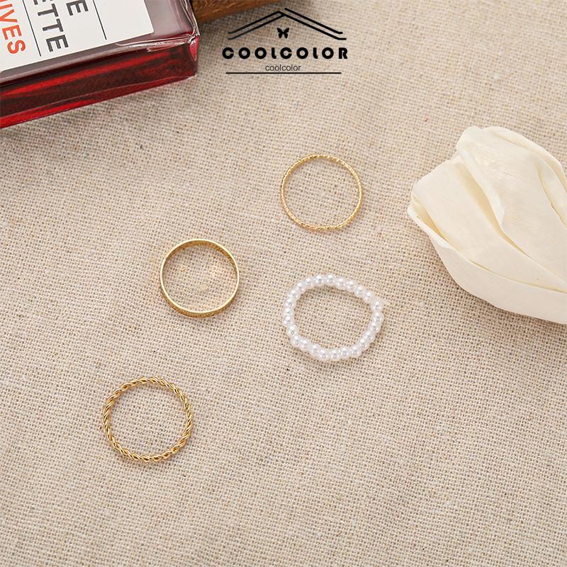 Murah❤️4 Pcs/Set Korea Wanita Mutiara Cincin Wanita Emas Cincin Logam Set Fashion Perhiasan Aksesoris- cl