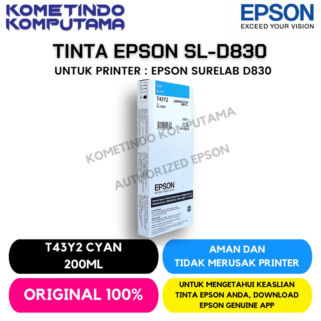 D830 Cyan TINTA CATRIDGE T43Y2 EPSON SL-D830 200ML Original 100% C13T43Y200 Biru