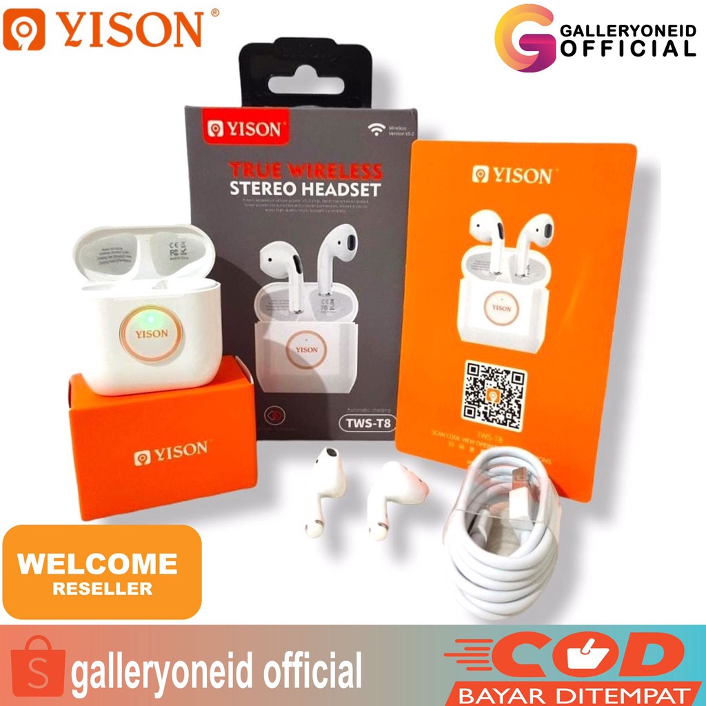 YISON Airpods TWS T8 Earphone Headset Bluetooth Sport Olahraga Handsfree Super Bass