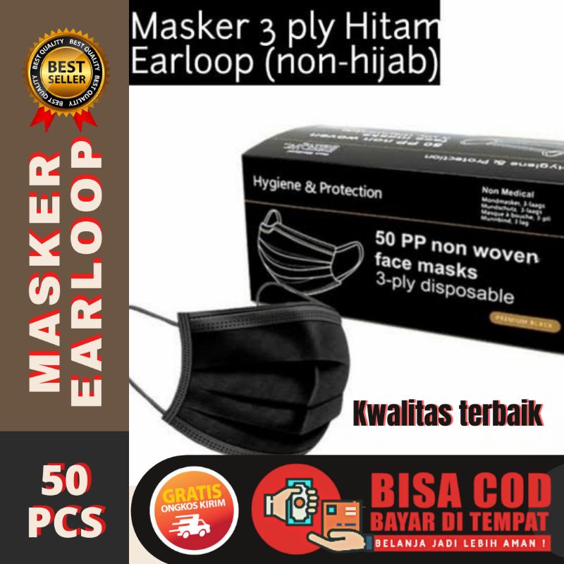 Masker 3ply Medis Hitam Bedah Kemenkes Isi 50pcs Masker Eorloop