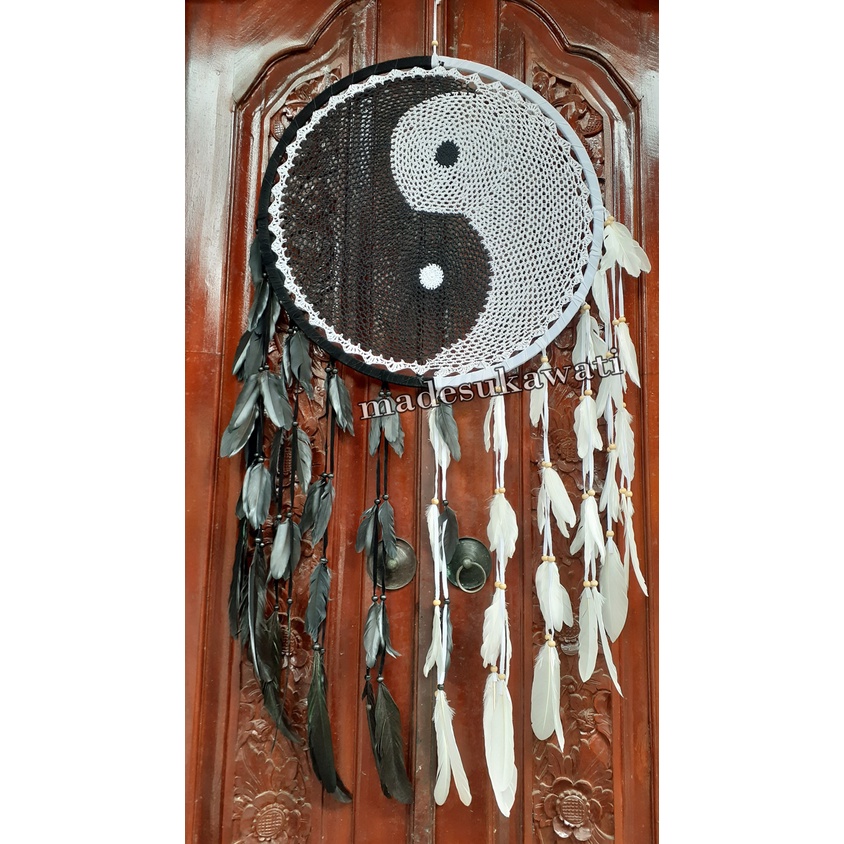 Dream catcher yin yang sulam jaring benang dekorasi hiasan gantungan bulu ayam