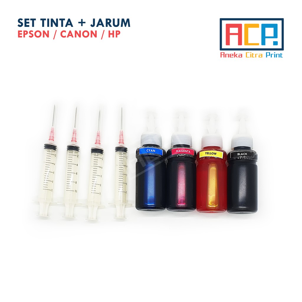 Paket 1 Set Tinta Isi Ulang Dye Epson / Canon / HP Universal - 4 Botol Tinta + 4 Suntikan