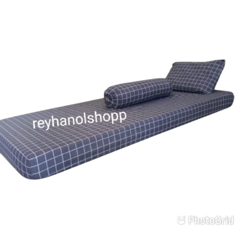 Sprei set sudut karet motif kotak dan polos single size: 90x200x15/120×200×15