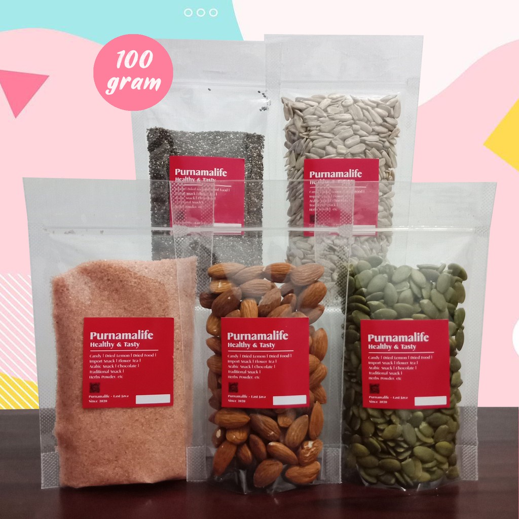 

Kacang almond l pumpkin seed l kuaci kupas sunflower seed l garam himalaya l black chia seed