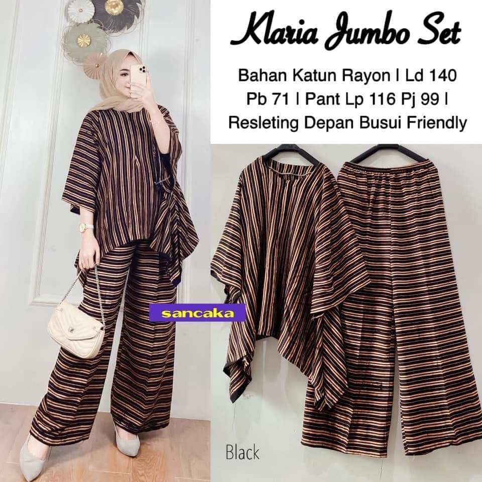 Klaria Set Jumbo - One Set Jumbo Katun Rayon Tidie Premium Busui Setelan Wanita Waka Waka Set Celana Panjang Bigsize LD 140 cm