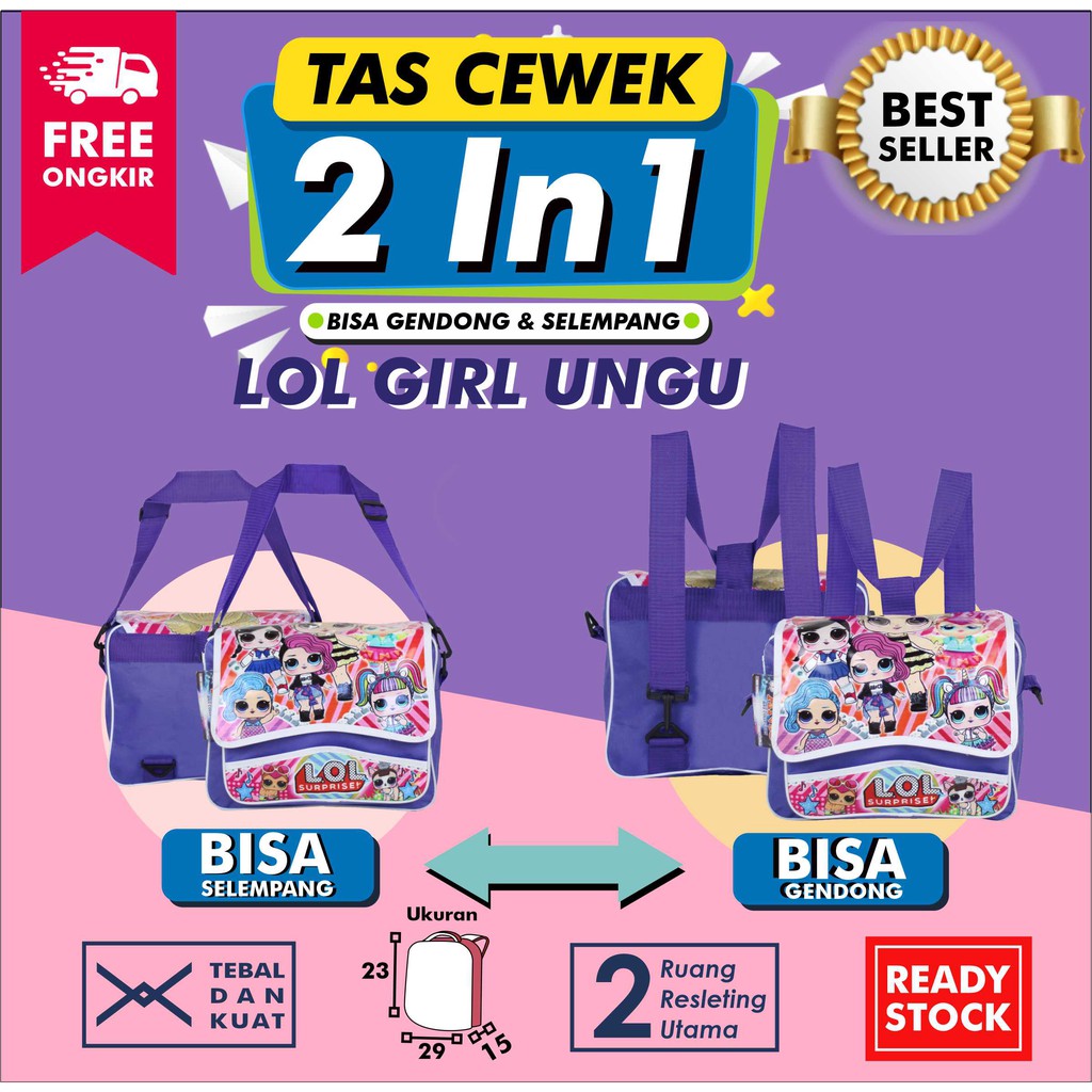 Tas Anak Anak 2in 1 Tas Ungu Cantik Selempang Anak Tas Selempang Karakter LOL Bagus Fashion Kids