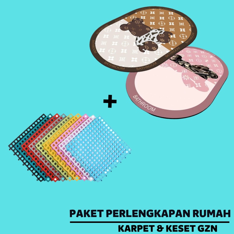 PROMO Paket Hemat Keset 1 PCS + Karpet DD1-10 PCS  kamar mandi karpet ANTI SLIP POLKADOT Karpet kamar mandi Alas Lantai Anti licin -COD