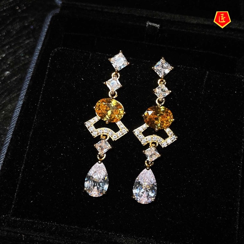 [Ready Stock]S925 Silver Exaggerated Long Yellow Gem Earrings
