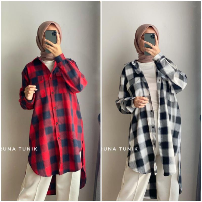 BISA COD AZKIYAHIJAB29 ARUNA TUNIK LONG TUNIK FLANEL BAJU TUNIK WANITA OVERSIZE OVERSIZED BIGSIZE JU