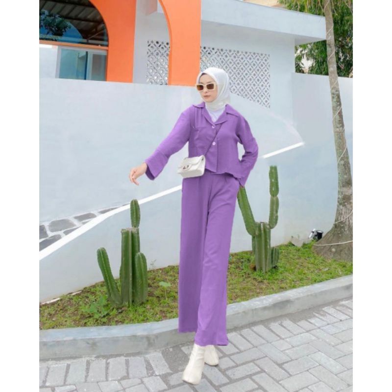 ONE SET CROP TOP BLEZER || KEMEJA CROP CRINGKLE || SET WANITA-LILAC