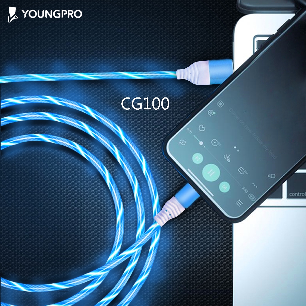 GARANSI 12 BULAN!!! YOUNGPRO CG100c Kabel Data LED TYPE C USB Glowing Flowing Fast Charging QC 3.0 KABEL DATA NATAL