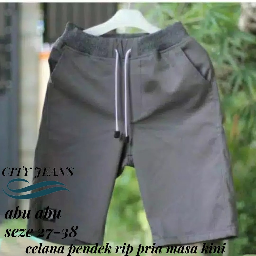 Celana Pendek Pria Pinggang Kolor RIP Bahan Katun Stretcth Polos Hitam Krem Abu Moca 27-38-/.