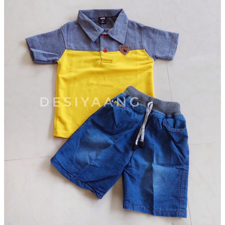 Setelan Anak Laki Laki Polo Kerah Kombinasi dan Celana Pendek Jeans Premium Usia  5-6 Tahun