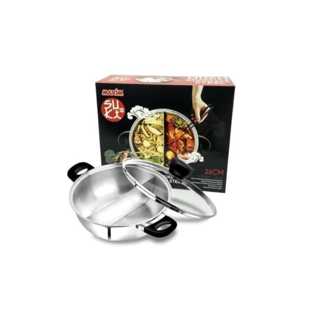 Maxim Panci Shabu Shabu - Suki Pan Sekat 2 Sisi 26 CM + Tutup Kaca Stainless Steel High Quality