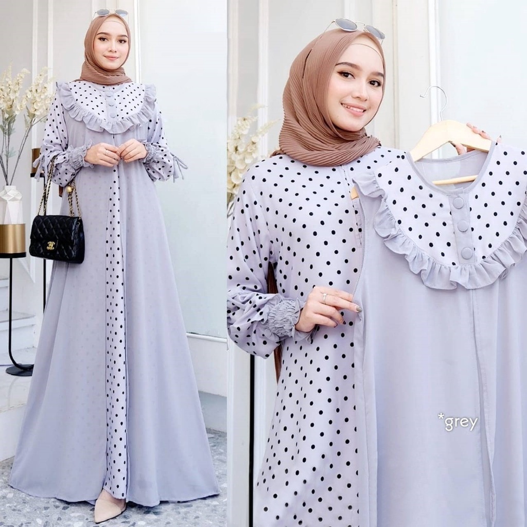 DRESS WANITA MUSLIM POLKADOT GAMIS WANITA TERBARU KIMIKO SET GAMIS WANITA KEKINIAN PAKAIAN PESTA