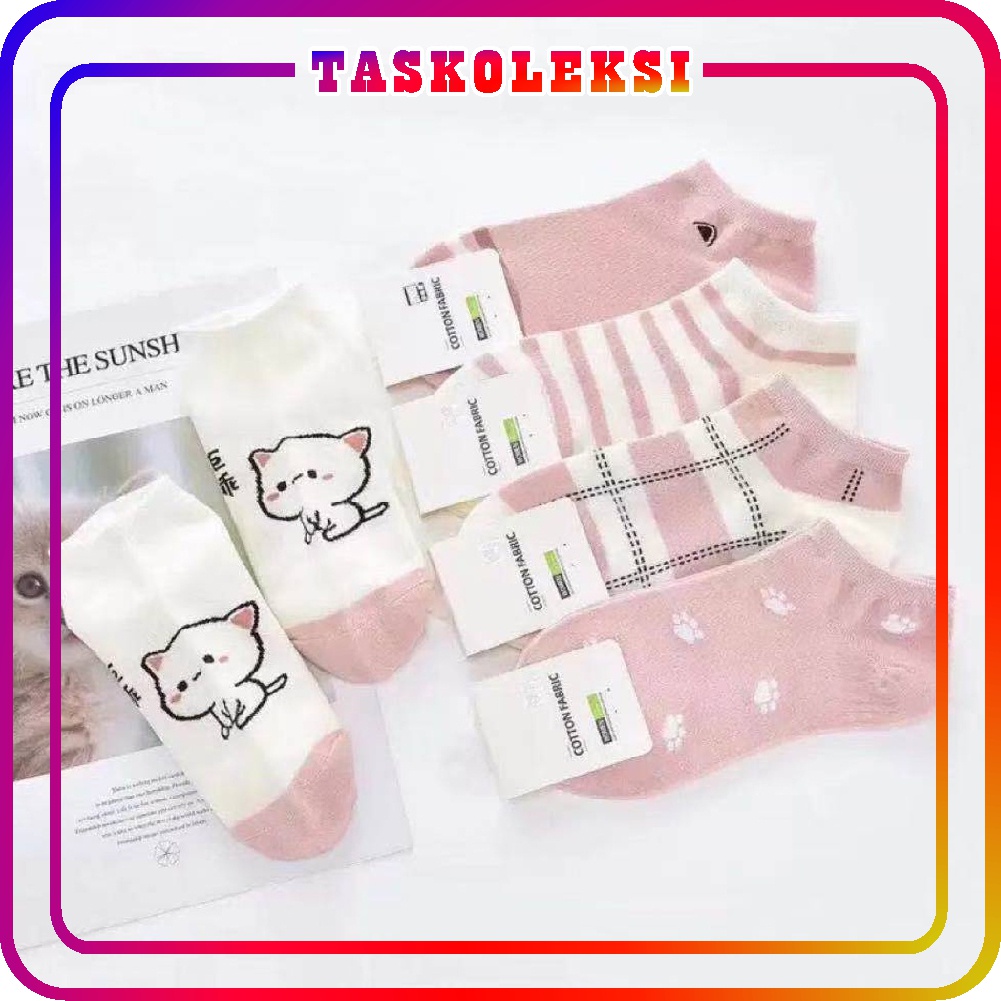 ☛TK☚ Kaos Kaki Wanita Motif Pink Cat Kucing Meow Fashion Korea Women Sock Import Murah K012