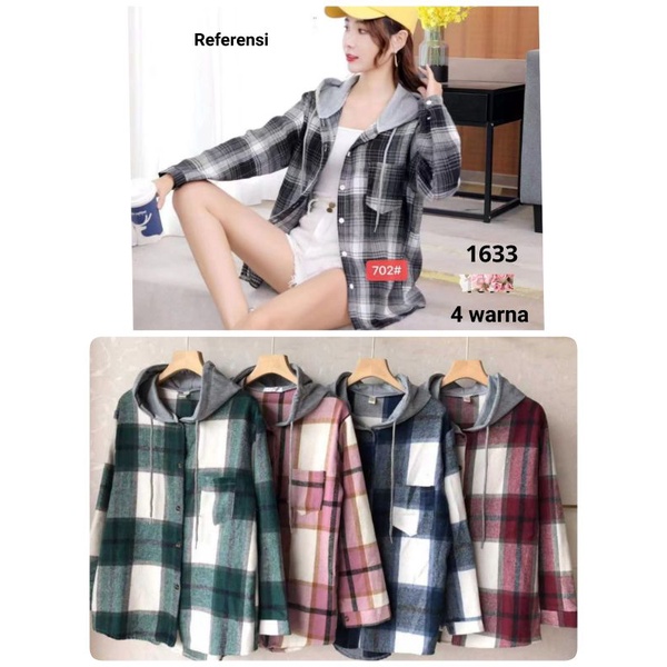 Kemeja Hoodie Kotak Wanita Tangan Panjang Import