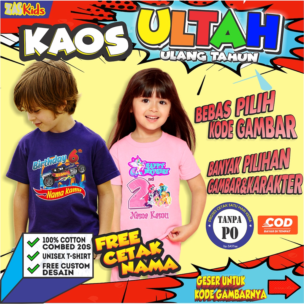 Kaos ULANG TAHUN Anak Kartun Free Cetak Nama Banyak Karakter / Kaos Ultah Keluarga / Kaos Custom Kad