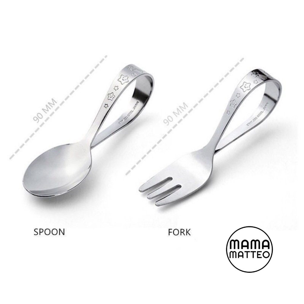 Sendok Garpu Makan Anak Stainless Steel / Sendok Garpu MPASI Traning Anak / Gagang Bulat Spoon Fork Baby Kids Bayi