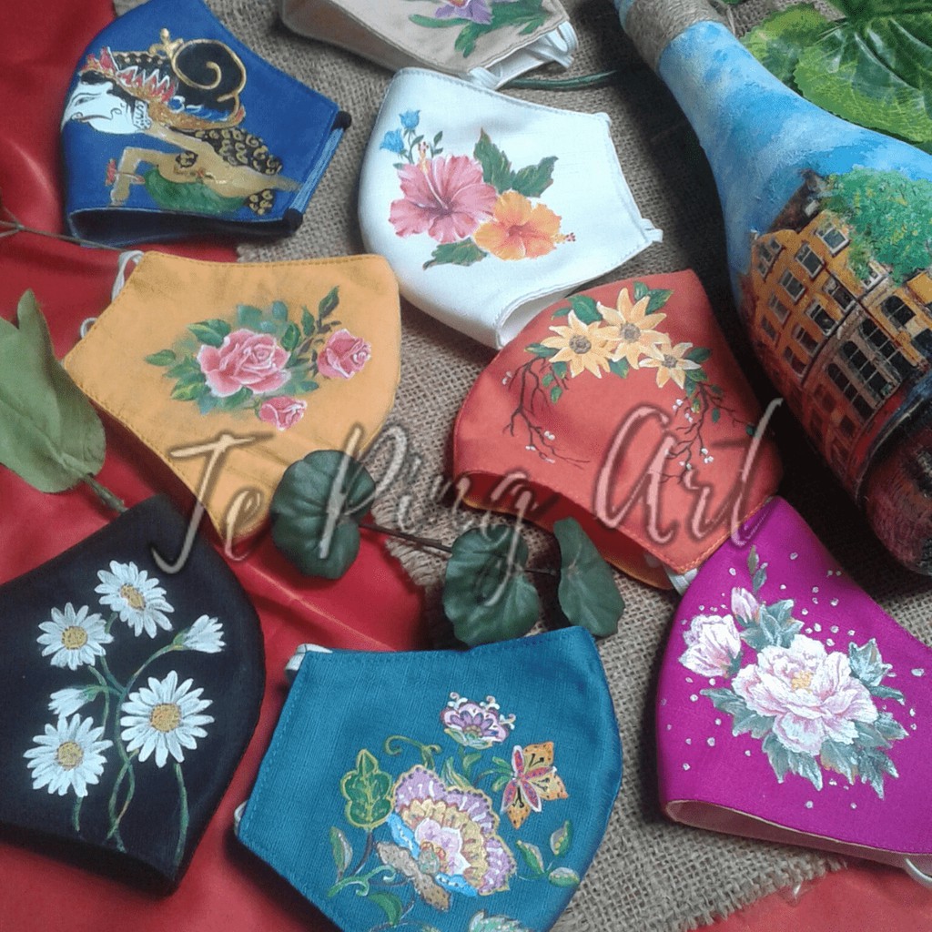 Masker Lukis Handmade 3 ply Wayang/Bunga/Mobil/Kartun Cat Akrilik | Bisa Custom Gambar |