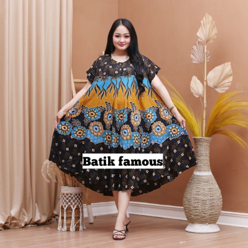 DASTER PAYUNG JUMBO COKLAT KANCING DEPAN BUSUI BUMIL-Motif bunga biru