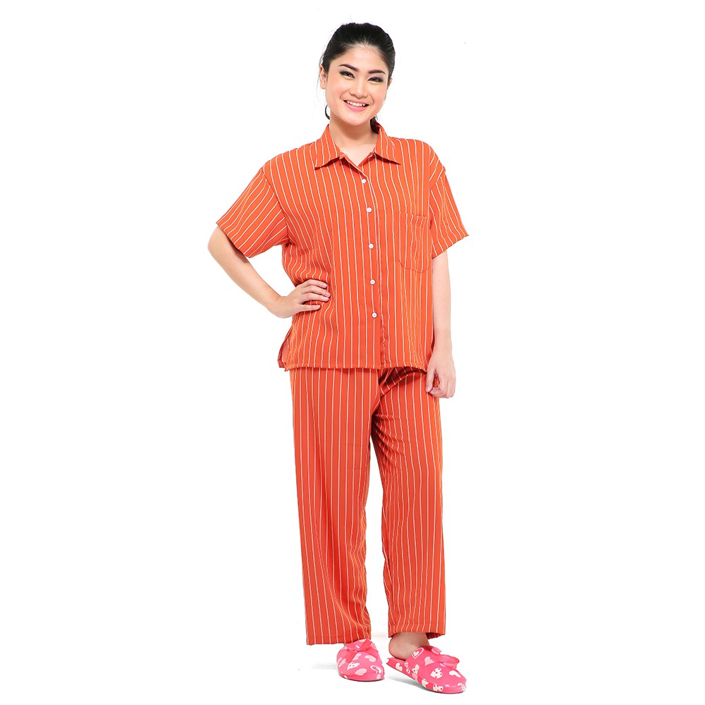 Zavyn Setelan Piyama Couple Setelan Kemeja Salur Orange