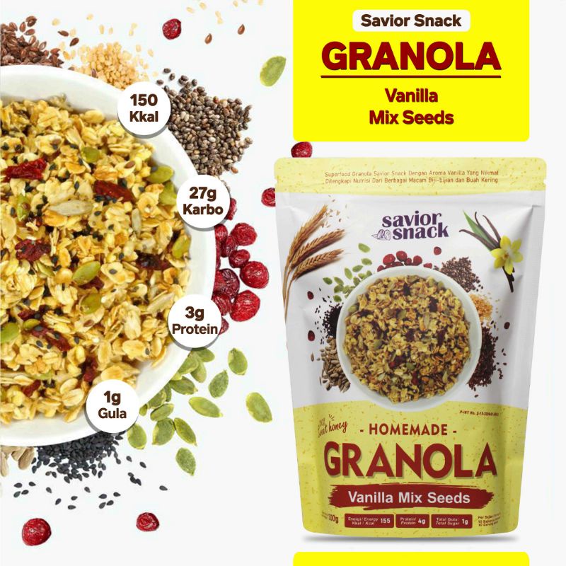 GRANOLA VANILA MIX SEEDS CRUNCHY - SEREAL MAKANAN SEHAT SARAPAN PRAKTIS BERGIZI TINGGI NUTRISI BAHAN ORGANIK ALAMI TANPA PENGAWET - HIGH QUALITY - SAVIOR SNACK - GRANOLA  SWEET HONEY 300g