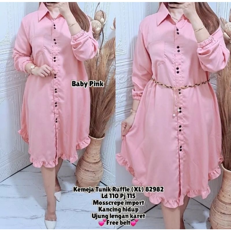 Kemeja Tunik Ruffle Allsize fit to XL (FREE BELT)// Tunik Wanita Terbaru Full Kancing// Bahan Itycrepe Lembut Ellegant// Bisa Bayar Ditempat