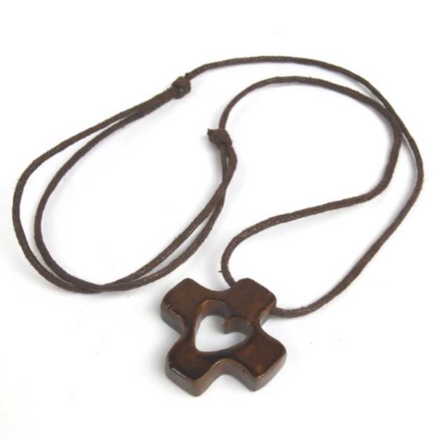 Kalung Bandul Salib Dehonian Hati Kudus Kayu Natural Tali Tarik Ulur Warna Coklat