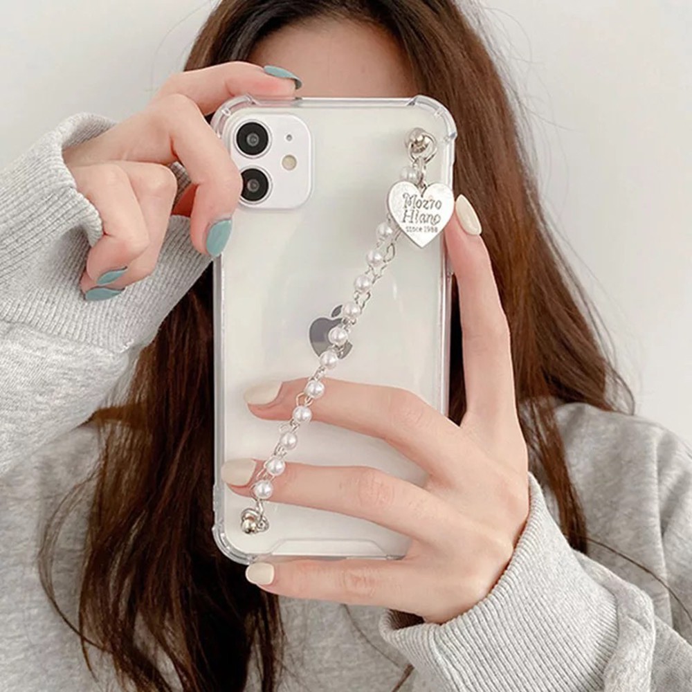 IPhone7/8plus 11 Soft Cover Transparent TPU Pearl  Love Pendant Chain Phone Case