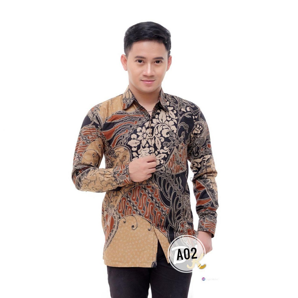 Atasan Batik Pria Lengan Panjang Kenongo Hem Padi Pekalongan M L XL-KMJ-CAP COKLAT